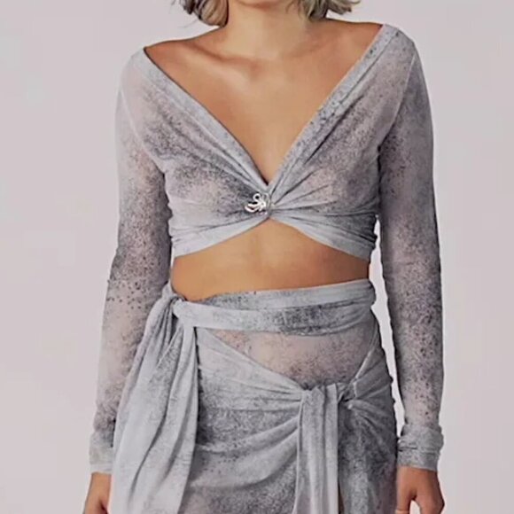 NWT MACCAPANI Angela Long Sleeve Twisted Y2K 90's Crop Top in Space Grey Sz. XS - Picture 4 of 9